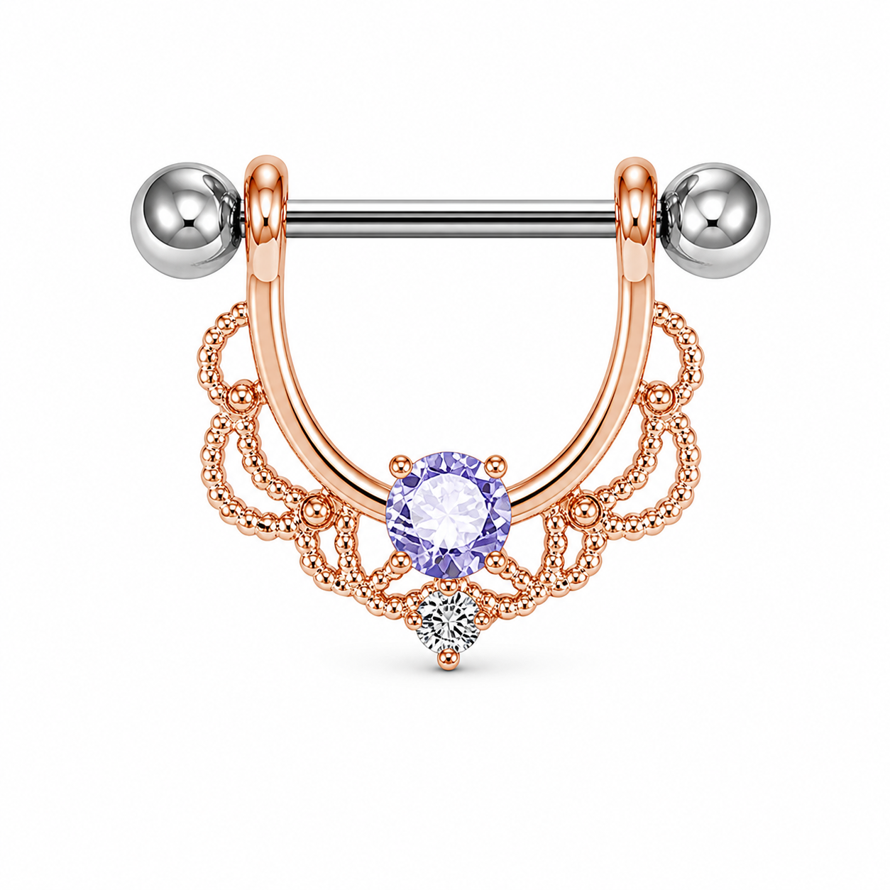 Piercing téton bouclier or rose filigrane dentelle zircon violet — coloris violet or rose