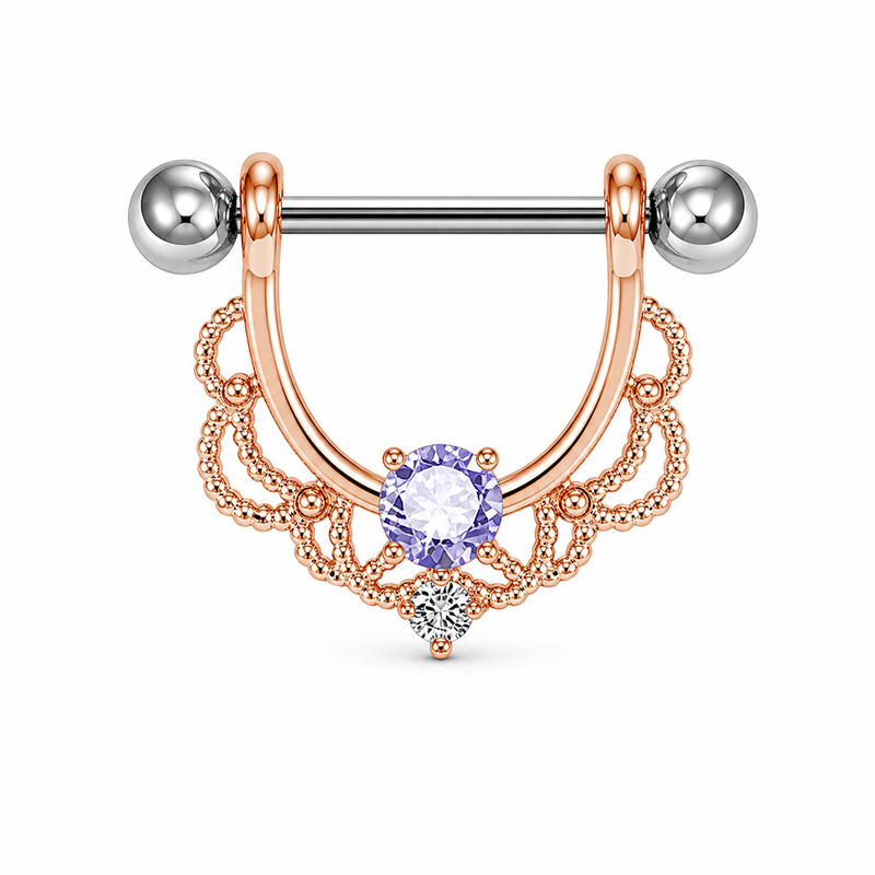 Piercing téton bouclier or rose filigrane dentelle zircon violet — coloris violet or rose