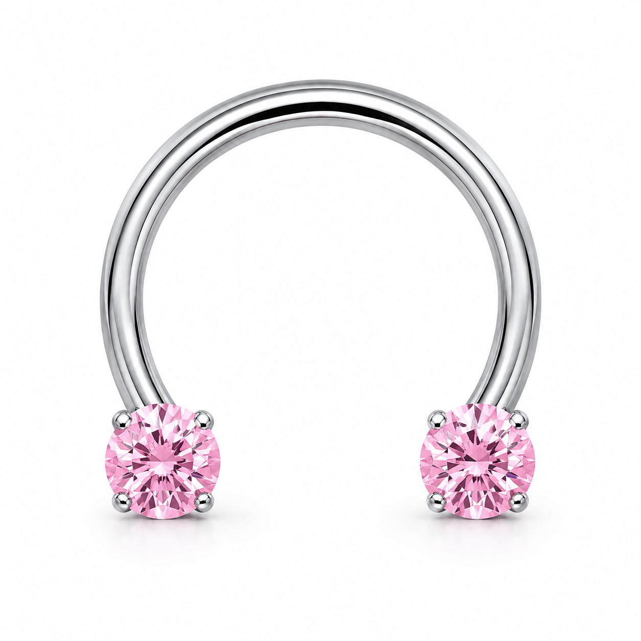 Fer a cheval septum argente 2 zircons roses griffes - fond blanc