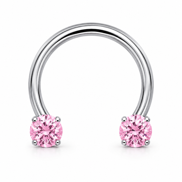 Fer a cheval septum argente 2 zircons roses griffes - fond blanc