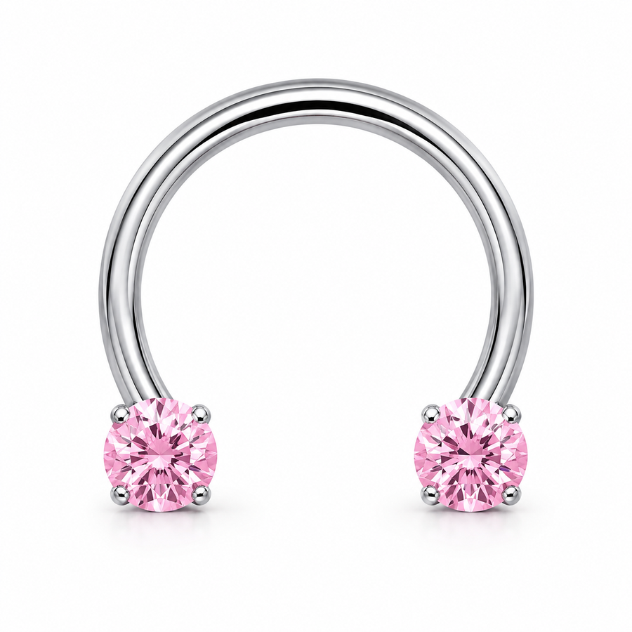 Fer a cheval septum argente 2 zircons roses griffes - fond blanc