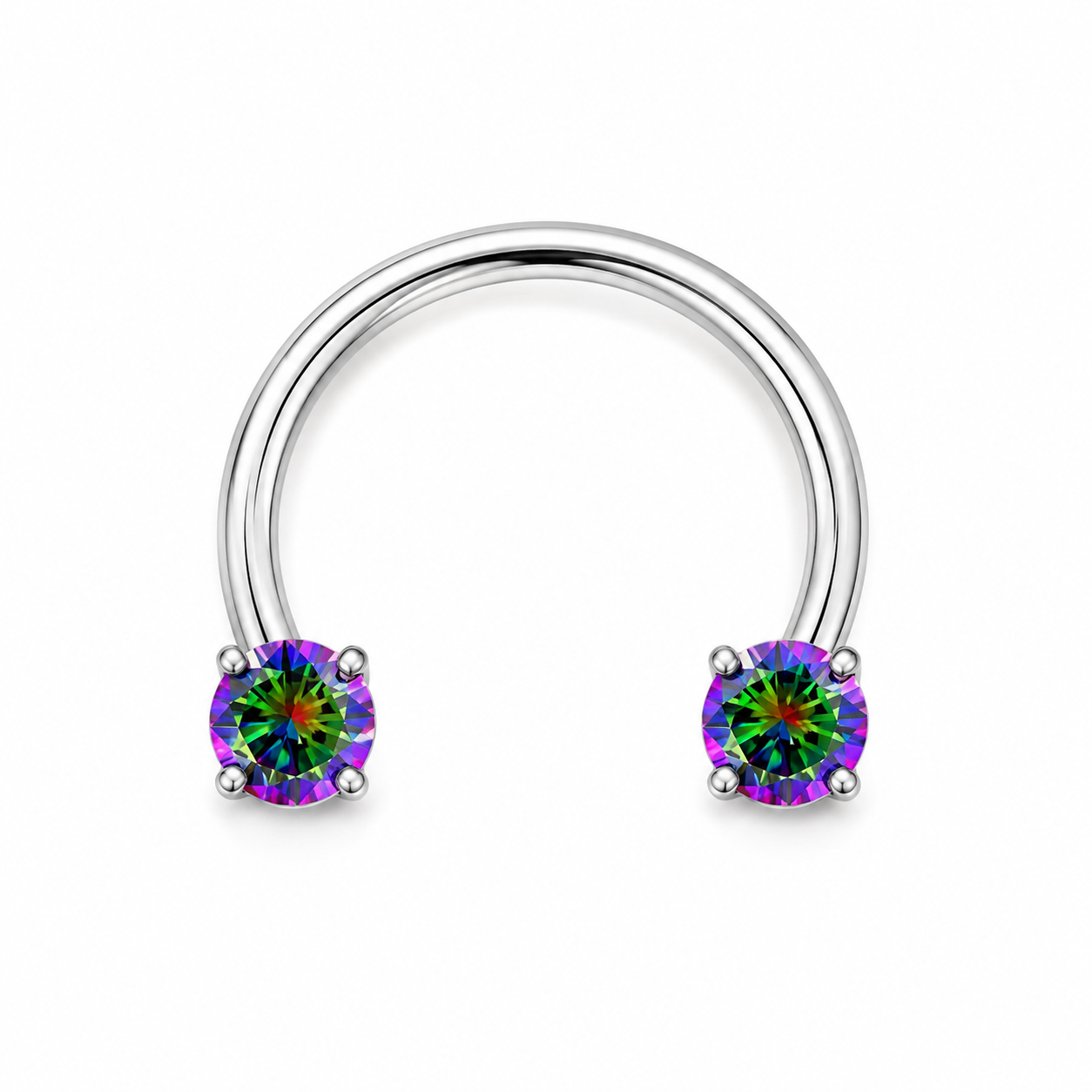 Fer a cheval septum argente 2 zircons arc-en-ciel irises griffes - fond blanc
