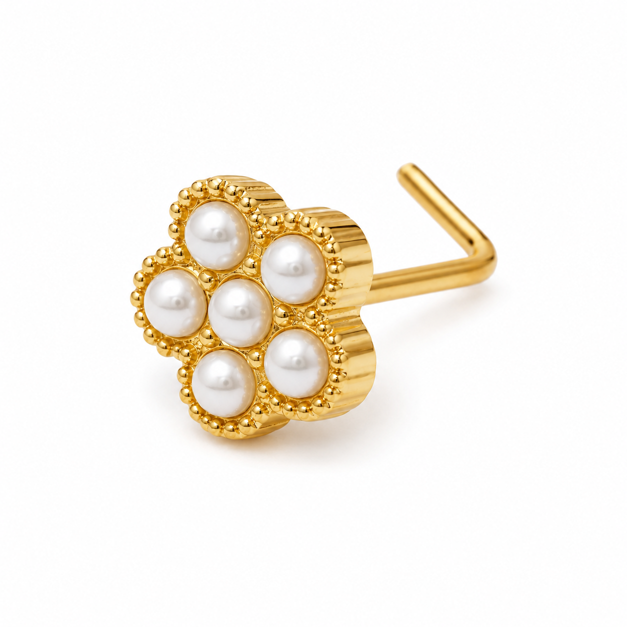 Clou en L dore fleur 6 micro-perles blanches monture milgrain — miniature fond blanc