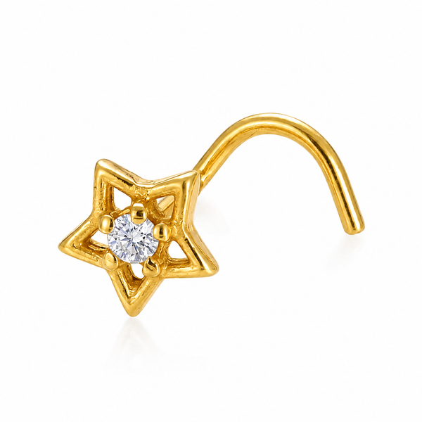 Clou nez dore etoile 5 branches ajouree zircon central — fond blanc