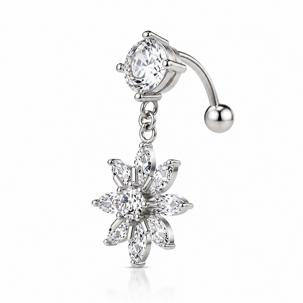 Piercing nombril tige longue fleur pendentif argenté — fleur 8 pétales marquise