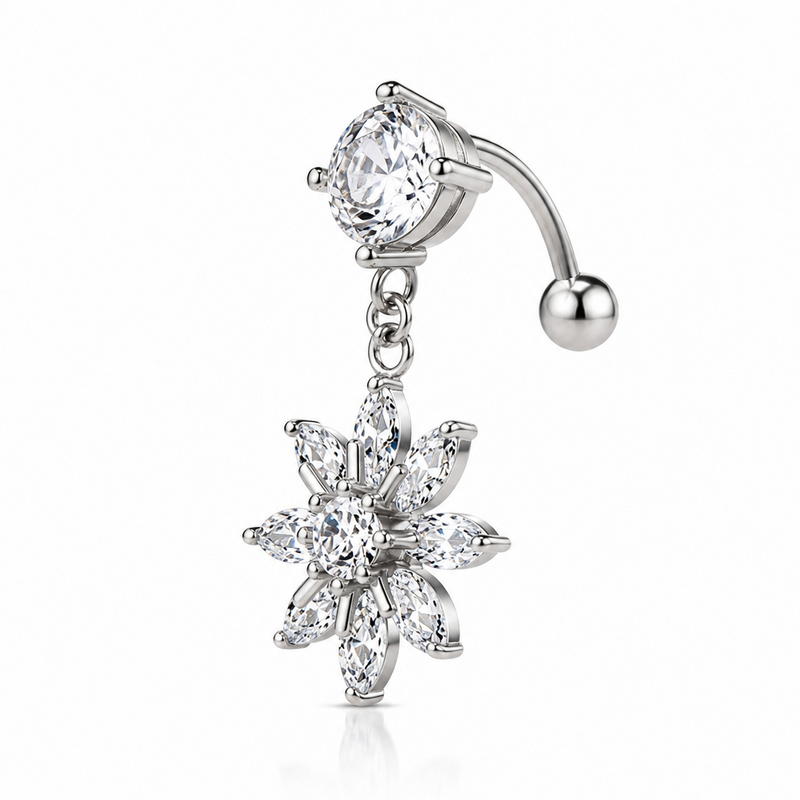 Piercing nombril tige longue fleur pendentif argenté — fleur 8 pétales marquise