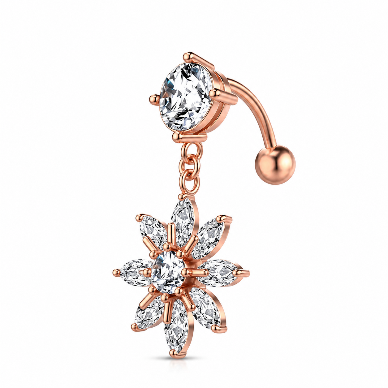 Piercing nombril tige longue fleur pendentif rose gold — fleur marquise