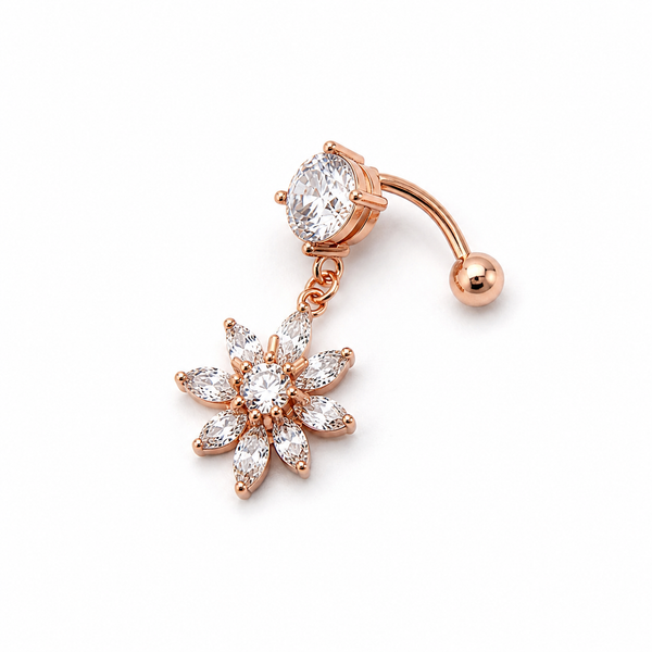 Piercing nombril tige longue fleur rose gold — vue rapprochée fleur marquise