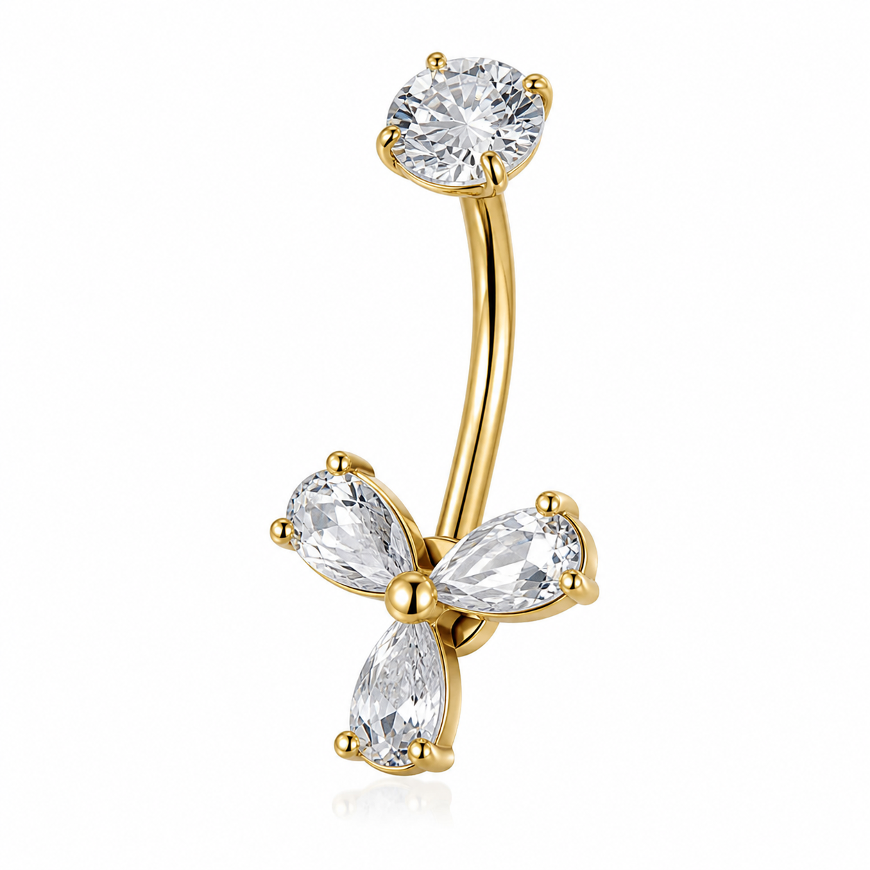 Piercing nombril trèfle zircon doré — 4 pétales goutte cristal