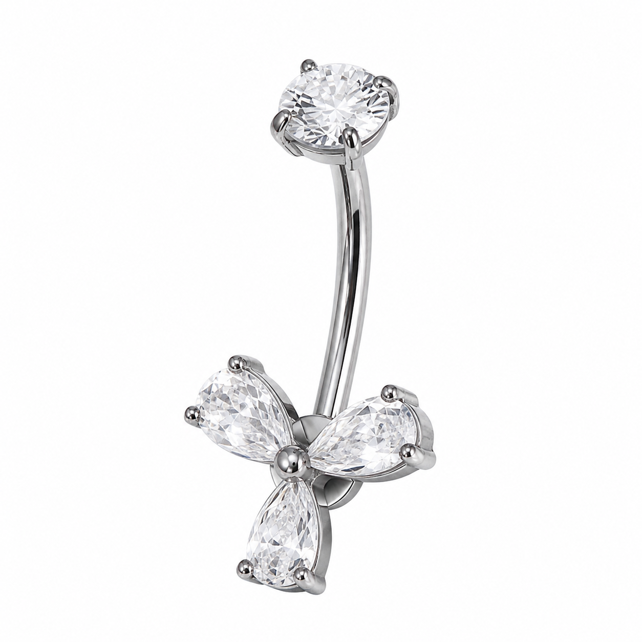 Piercing nombril trèfle zircon argenté — 4 pétales goutte cristal