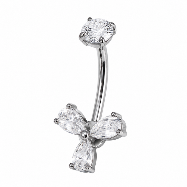 Piercing nombril trèfle zircon argenté — 4 pétales goutte cristal