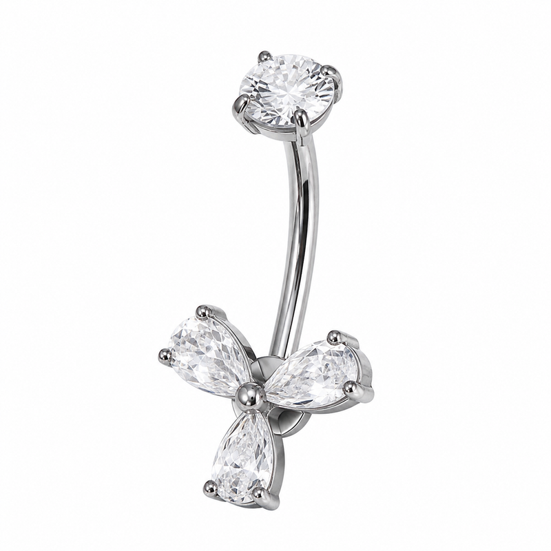 Piercing nombril trèfle zircon argenté — 4 pétales goutte cristal