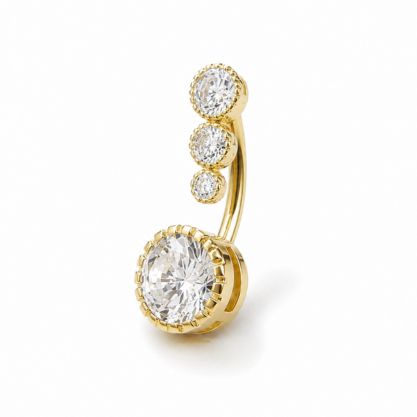 Piercing nombril serti triple zircon doré — effet halo luxueux