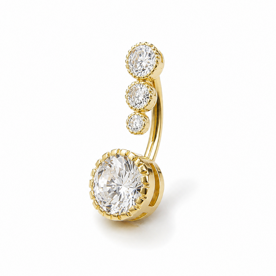 Piercing nombril serti triple zircon doré — effet halo luxueux