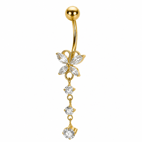 Piercing nombril papillon zircon chaîne pendante doré — 4 pierres en cascade