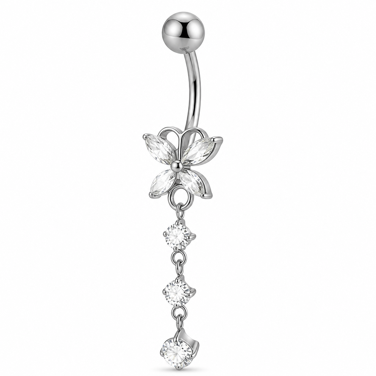 Piercing nombril papillon zircon chaîne pendante argenté — 4 pierres en cascade