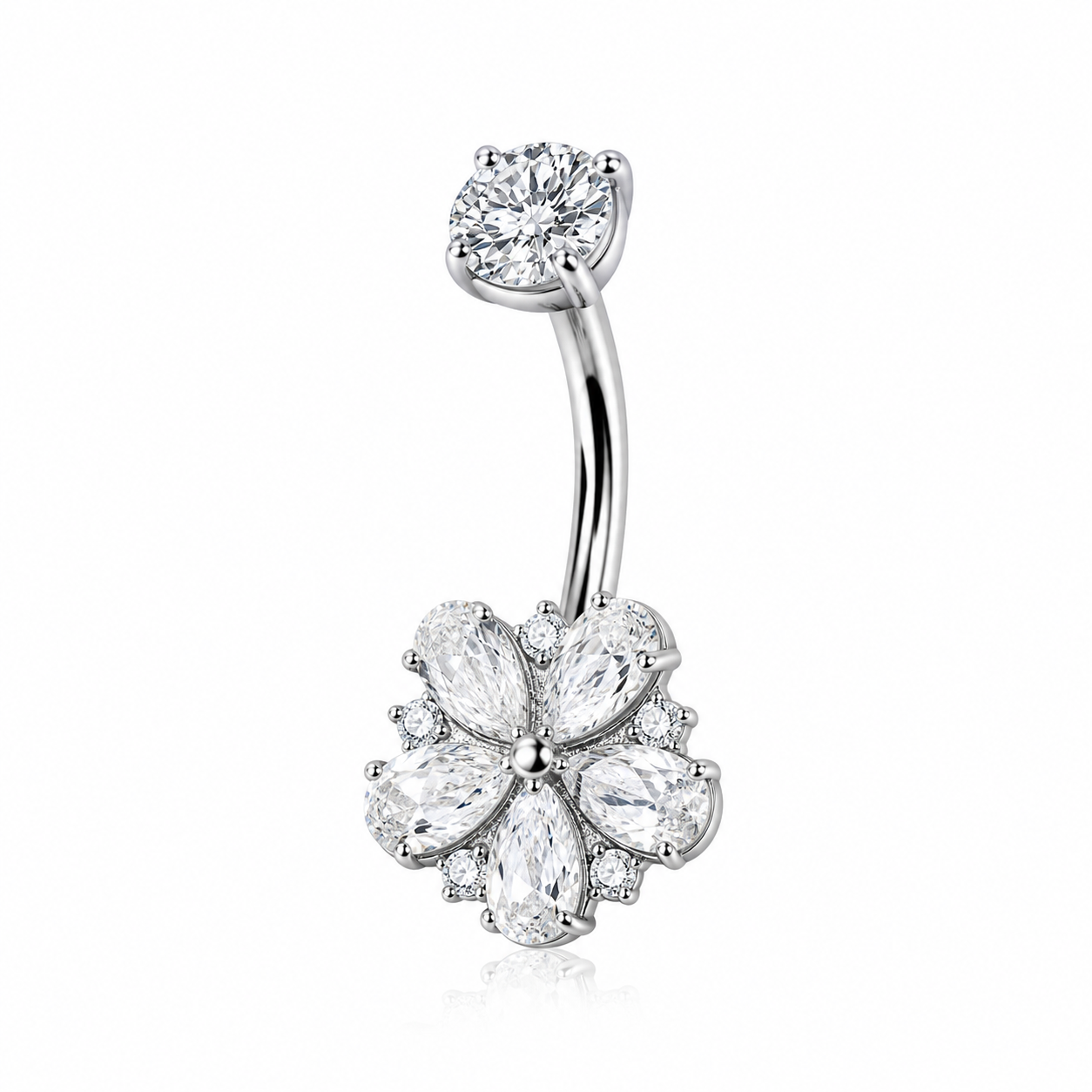 Piercing nombril fleur cristal 8 pétales zircon marquise argenté