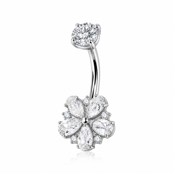 Piercing nombril fleur cristal 8 pétales zircon marquise argenté