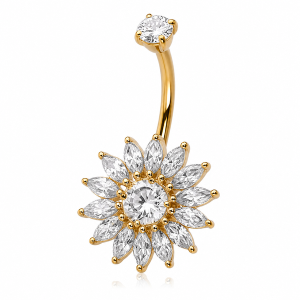 Piercing nombril tournesol doré — grande fleur 16 pétales zircon marquise