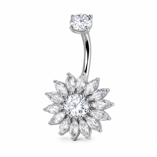 Piercing nombril tournesol argenté — grande fleur 16 pétales zircon marquise