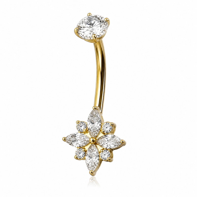 Piercing nombril grande fleur 8 pétales zircon marquise doré