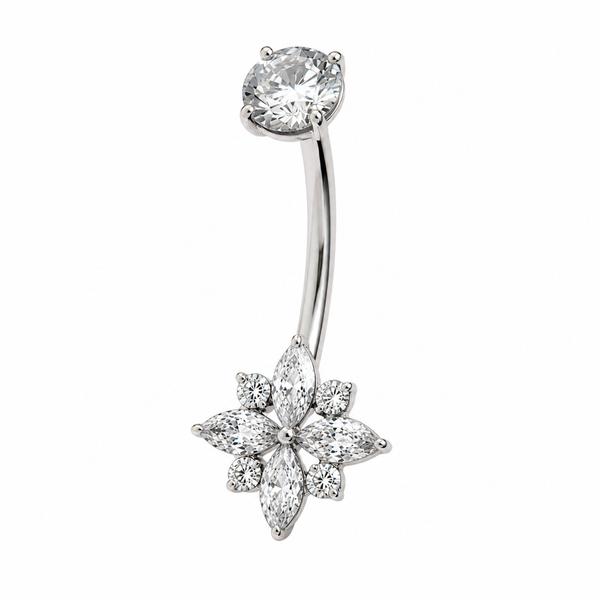 Piercing nombril grande fleur 8 pétales zircon marquise argenté
