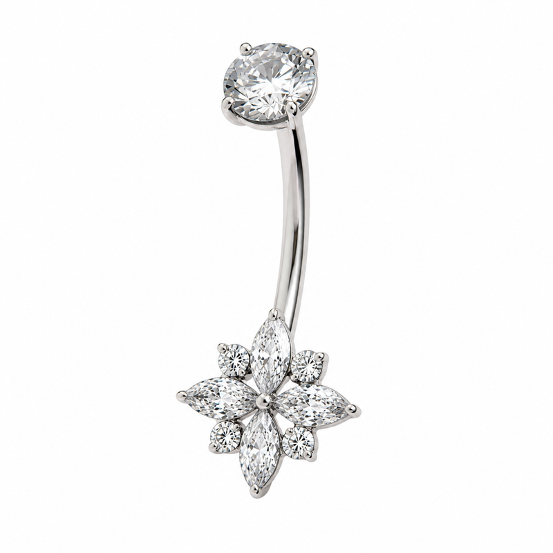Piercing nombril grande fleur 8 pétales zircon marquise argenté