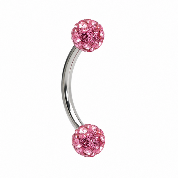 Piercing nombril double boule strass rose argenté — billes pavées roses
