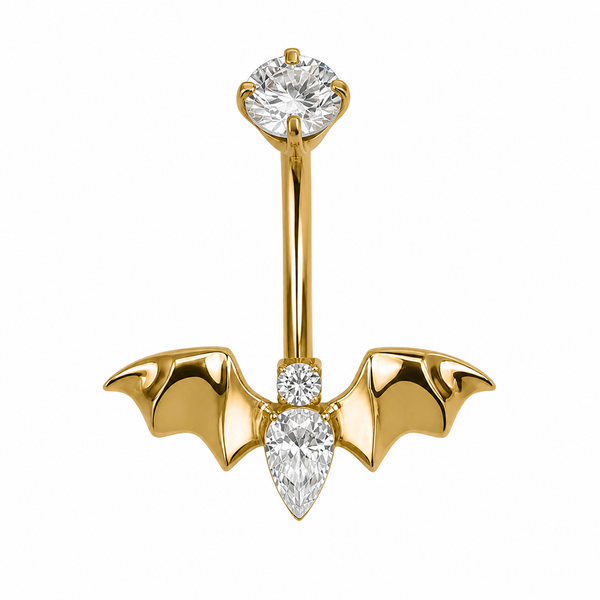 Piercing nombril chauve-souris ailes déployées zircon doré — design gothique