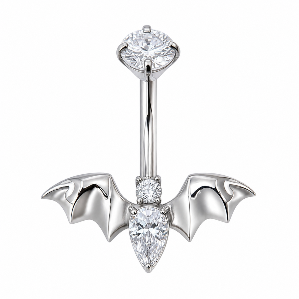 Piercing nombril chauve-souris ailes déployées zircon argenté — design gothique