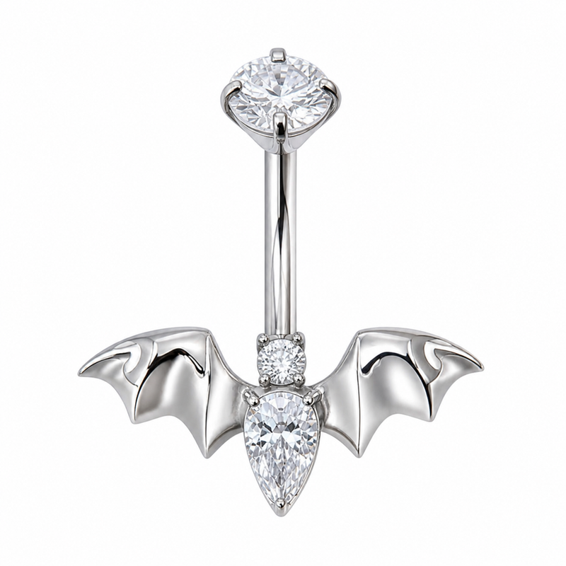 Piercing nombril chauve-souris ailes déployées zircon argenté — design gothique