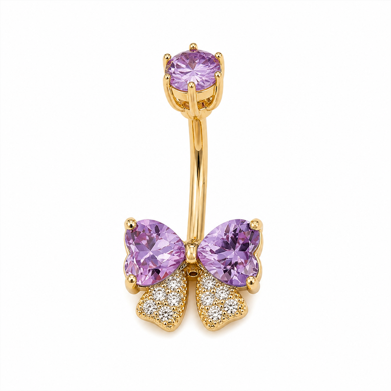 Piercing nombril nœud papillon zircon violet doré — 2 cœurs violets