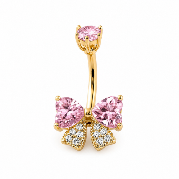 Piercing nombril nœud papillon zircon rose doré — 2 cœurs roses et pavé