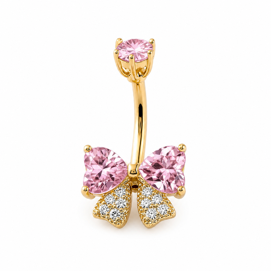 Piercing nombril nœud papillon zircon rose doré — 2 cœurs roses et pavé