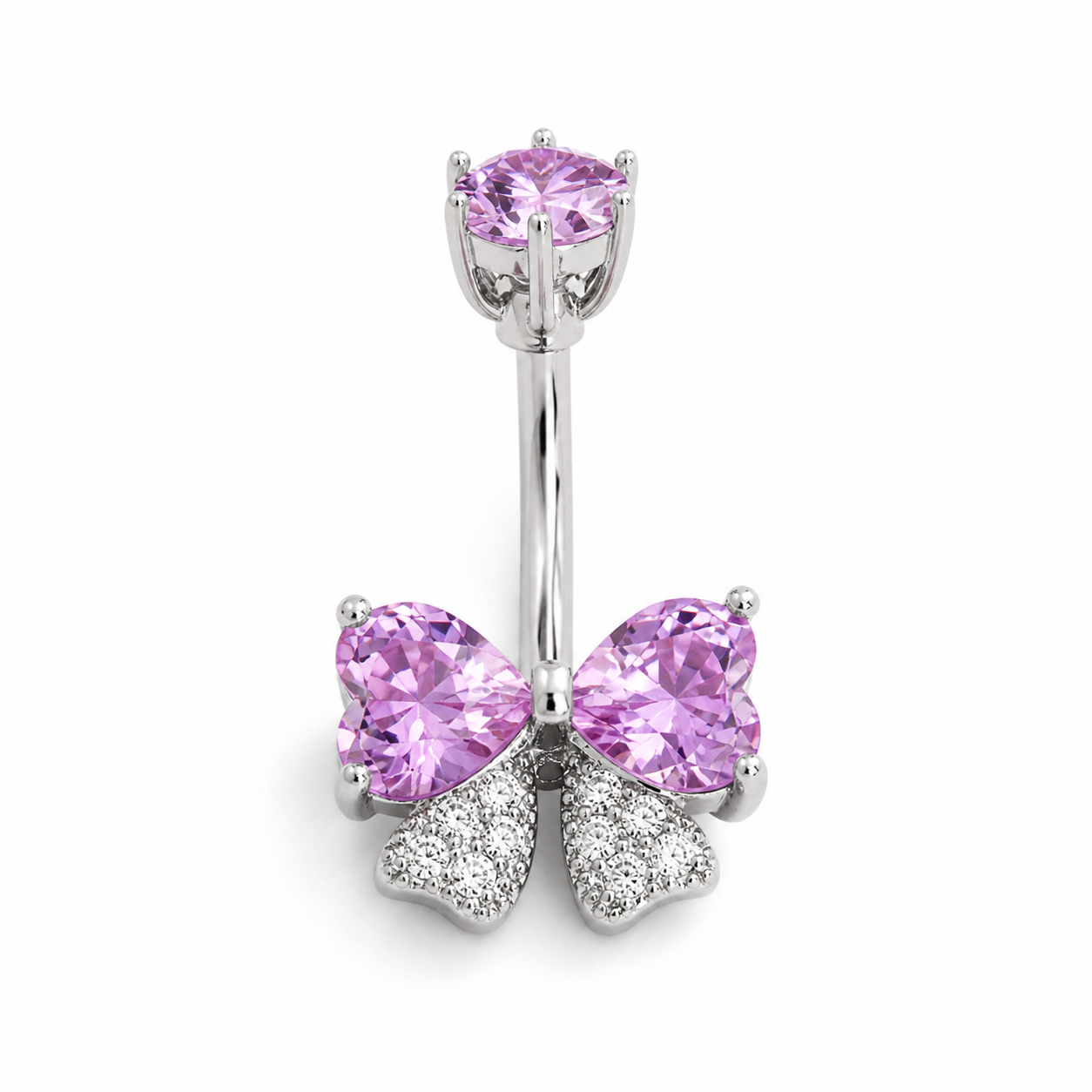 Piercing nombril nœud papillon zircon violet argenté — 2 cœurs violets