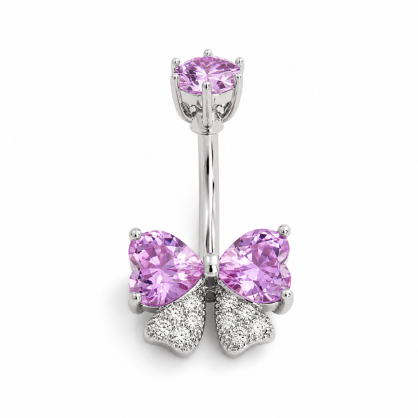 Piercing nombril nœud papillon zircon violet argenté — 2 cœurs violets