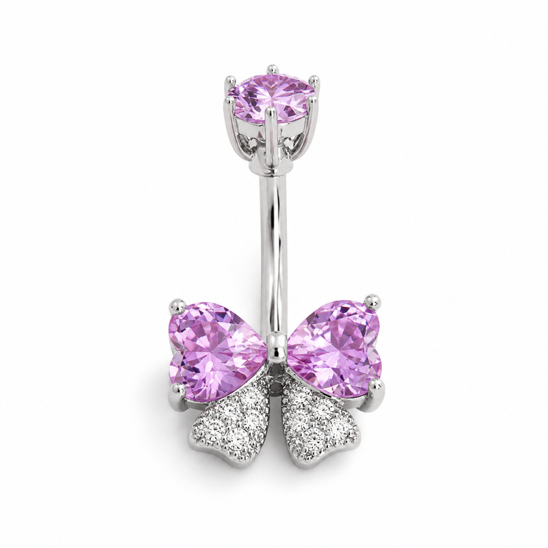 Piercing nombril nœud papillon zircon violet argenté — 2 cœurs violets