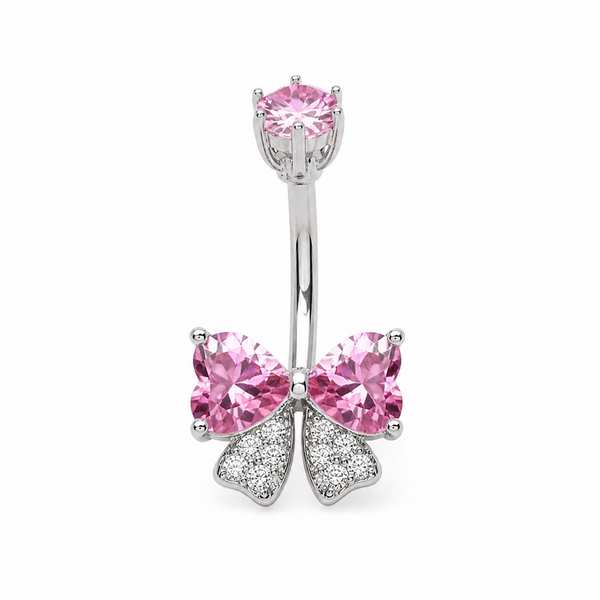 Piercing nombril nœud papillon zircon rose argenté — 2 cœurs roses