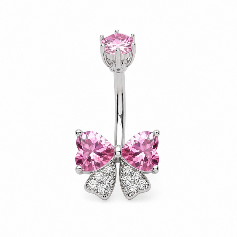Piercing nombril nœud papillon zircon rose argenté — 2 cœurs roses