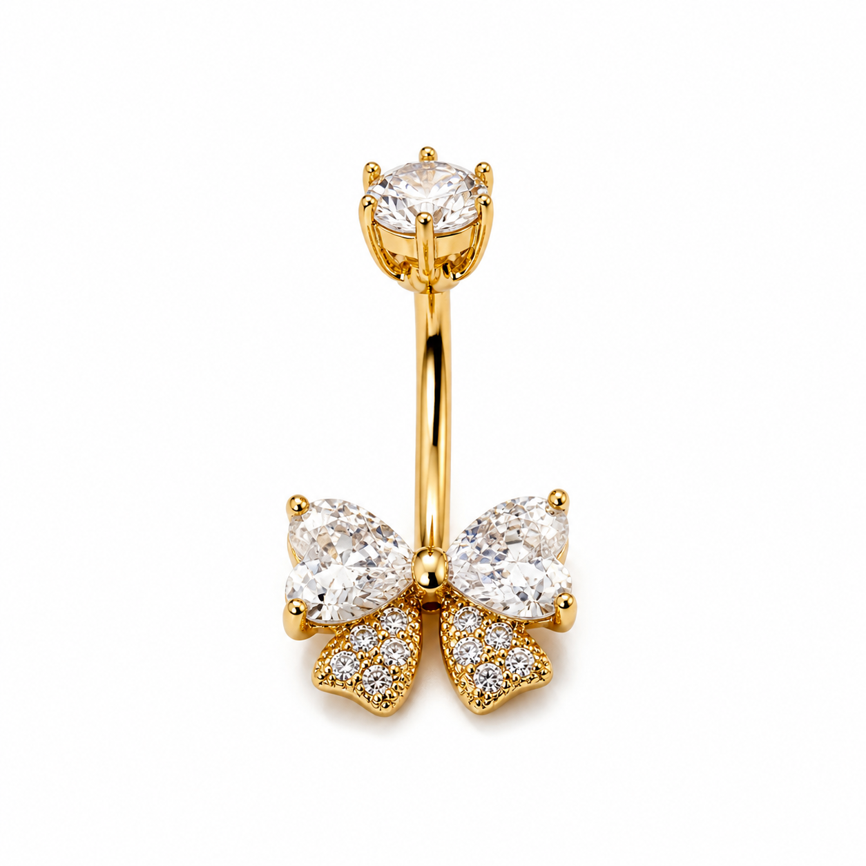 Piercing nombril nœud papillon zircon cristal doré — 2 gouttes transparentes