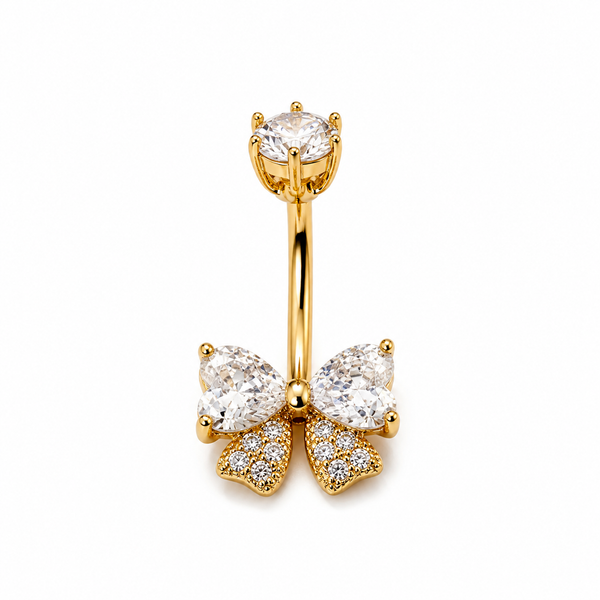 Piercing nombril nœud papillon zircon cristal doré — 2 gouttes transparentes
