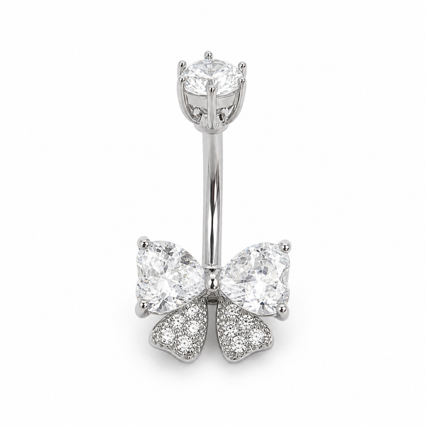 Piercing nombril nœud papillon zircon cristal argenté — 2 cœurs transparents
