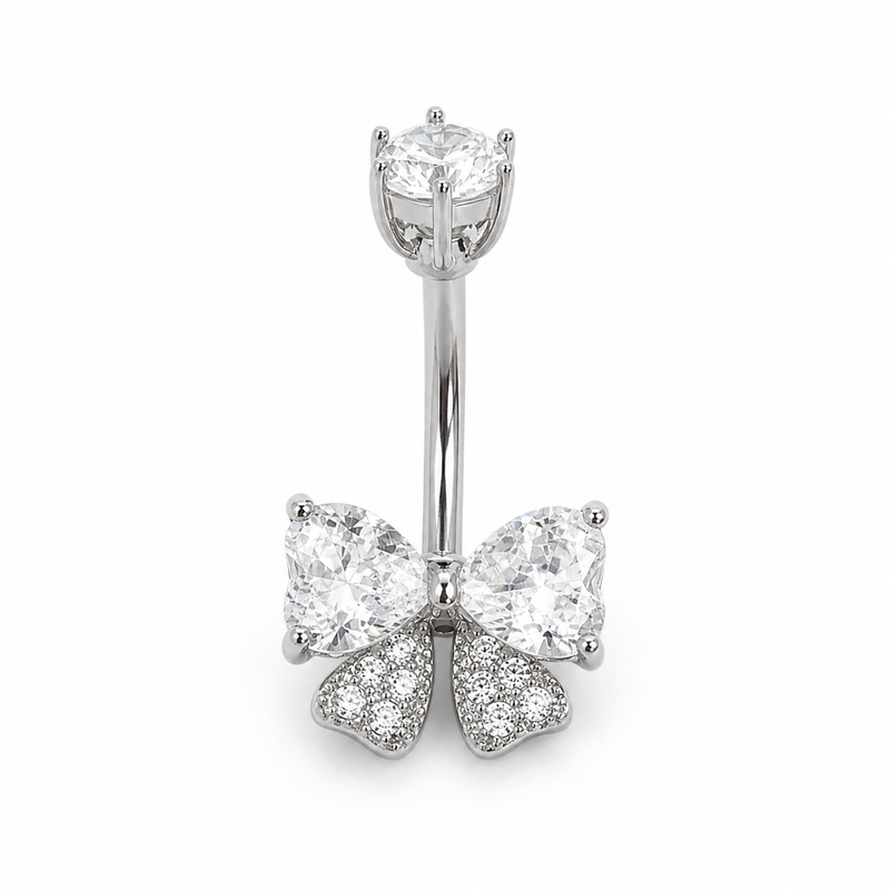 Piercing nombril nœud papillon zircon cristal argenté — 2 cœurs transparents