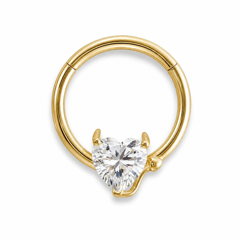 Anneau clicker téton doré avec cœur zircon blanc serti — finition dorée