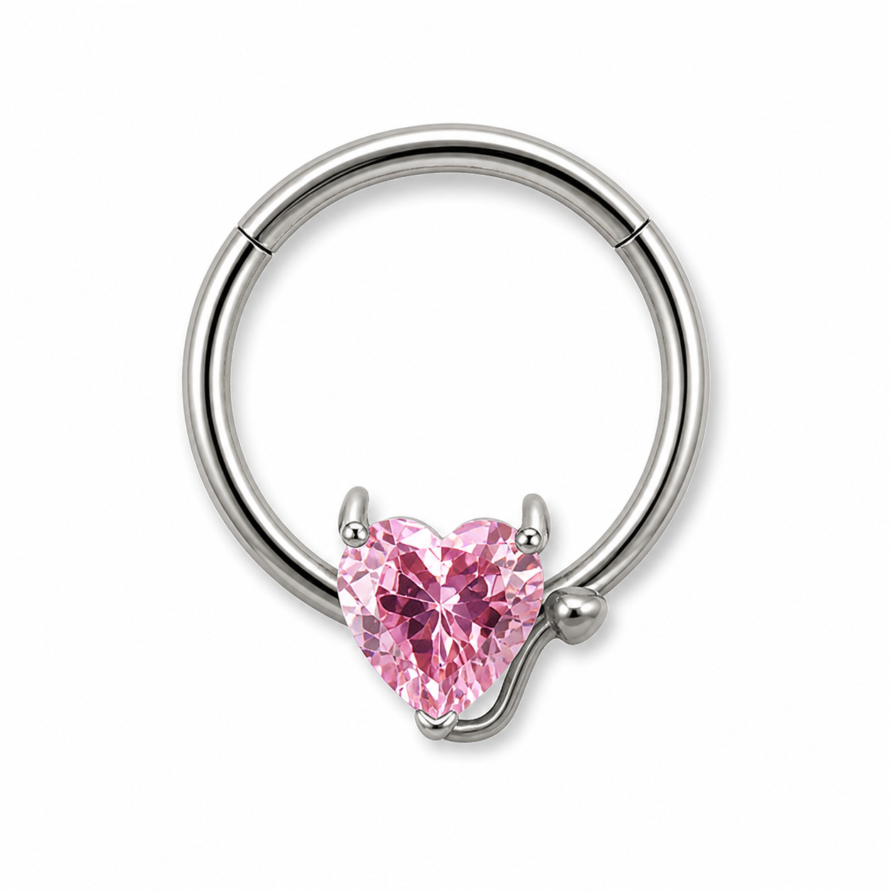 Anneau clicker téton argenté avec cœur zircon rose serti — finition argentée