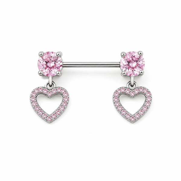 Piercing téton paire barre argentée zircon rond et pendentif cœur creux pavé rose