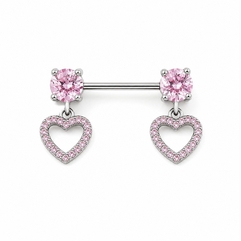 Piercing téton paire barre argentée zircon rond et pendentif cœur creux pavé rose