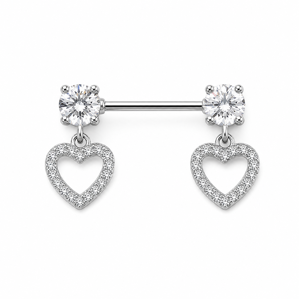 Piercing téton paire barre argentée zircon rond et pendentif cœur creux pavé blanc