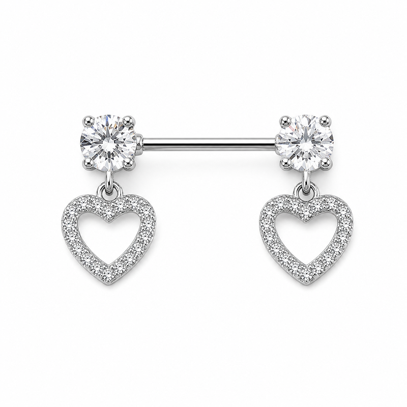Piercing téton paire barre argentée zircon rond et pendentif cœur creux pavé blanc