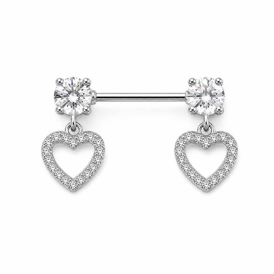 Piercing téton paire barre argentée zircon rond et pendentif cœur creux pavé blanc